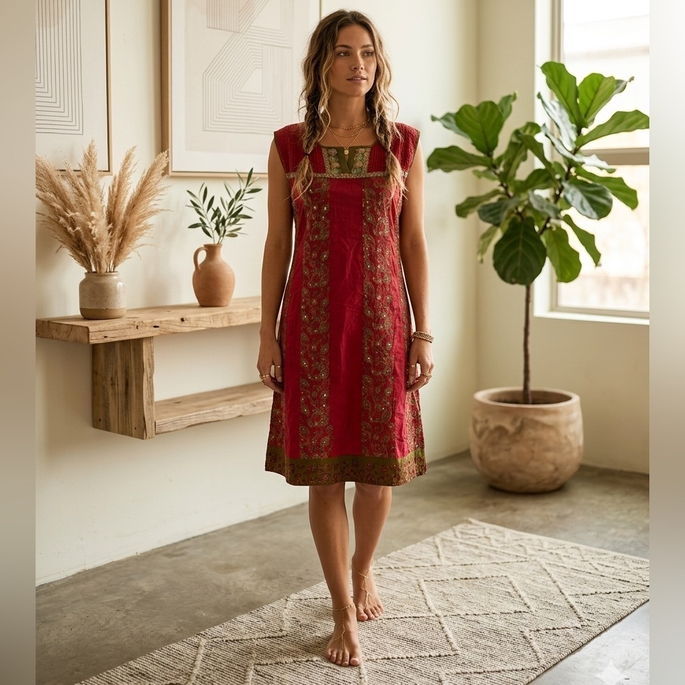 Vintage Boho Embroidered Midi Dress | Ruby Red & Olive Minimalist Chic